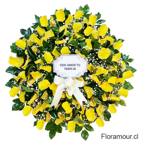 Corona de pétalos color amarillo con targeton personalizado.